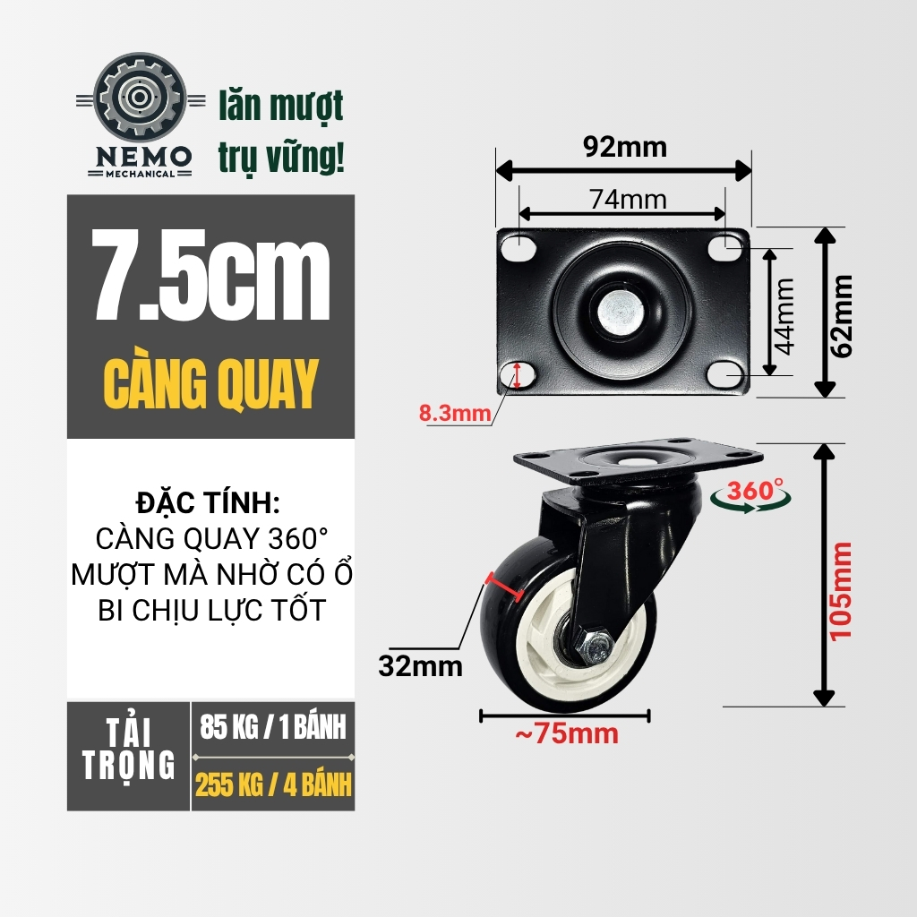 Bánh xe đẩy hàng đen trắng, mặt bích, có bạc đạn, đk bánh 4cm và 5cm, tải trọng 40-50kg/1bánh